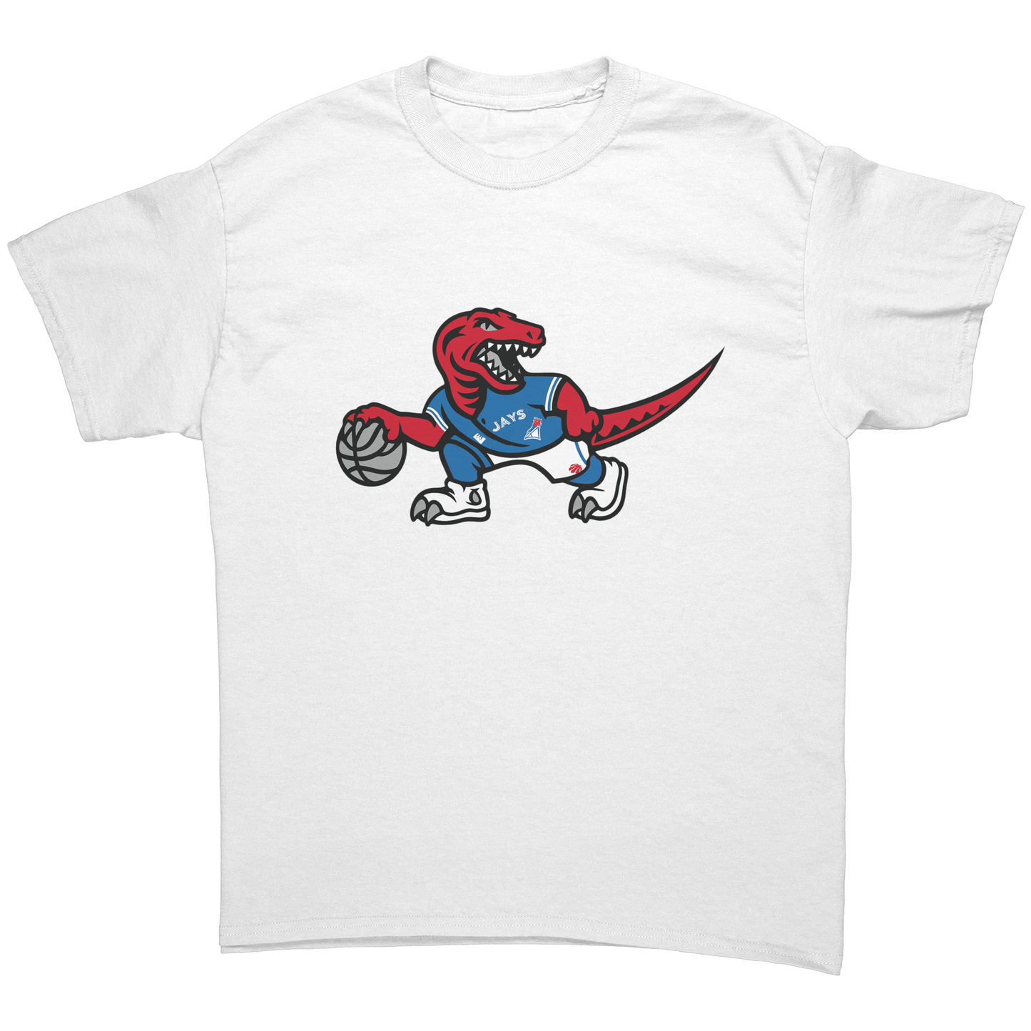 Sporty_dinosaur_wearing_a_blue_Jays_unif_White_Front_Mockup.png
